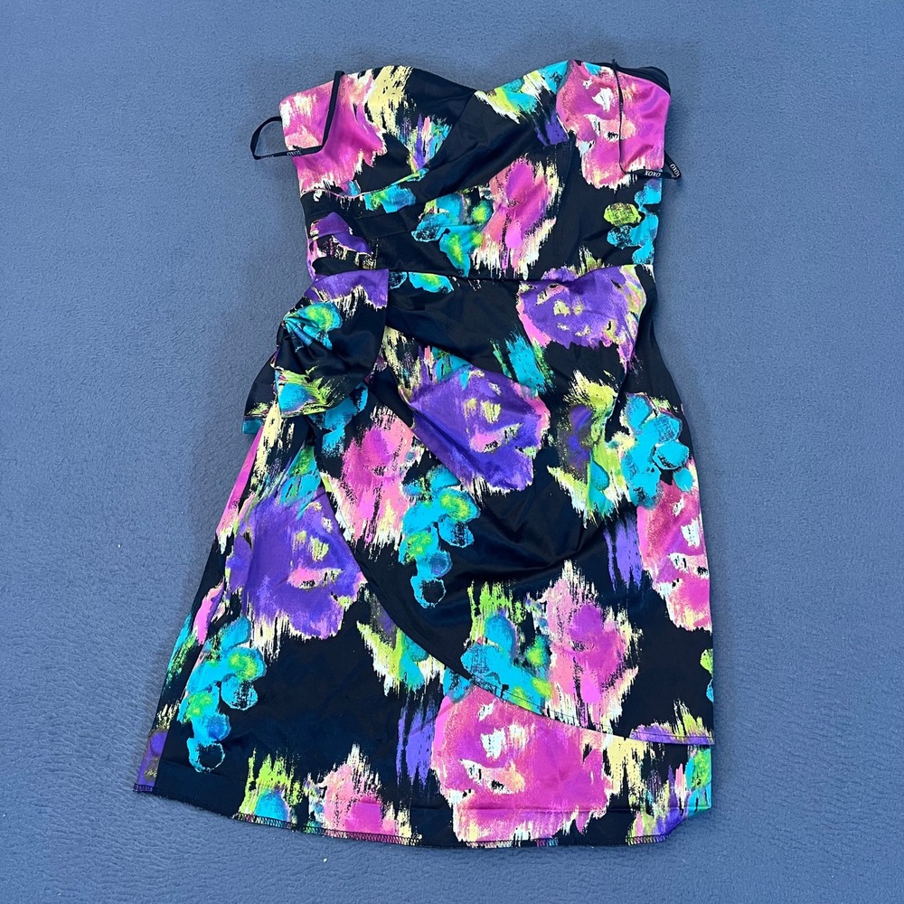 XOXO Strapless Abstract Floral Mini Dress Black Pink Purple Size 3 VTG 7814RU09